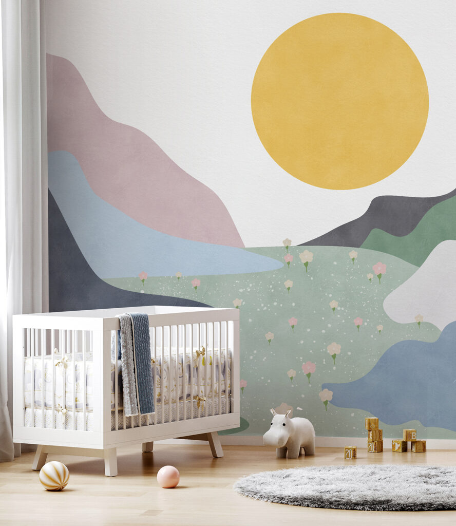 A landscape with mountains and flowers