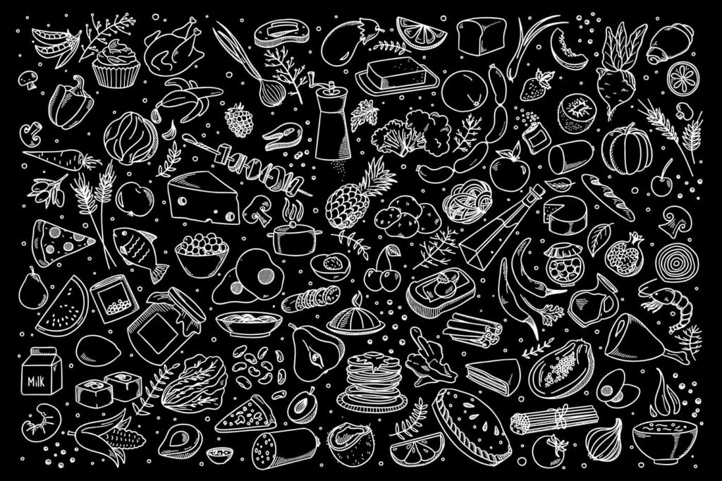 Un disegno in bianco e nero di cibo Un disegno in bianco e nero di cibo