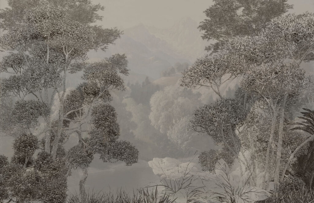 Un paesaggio con alberi e montagne Un paesaggio con alberi e montagne