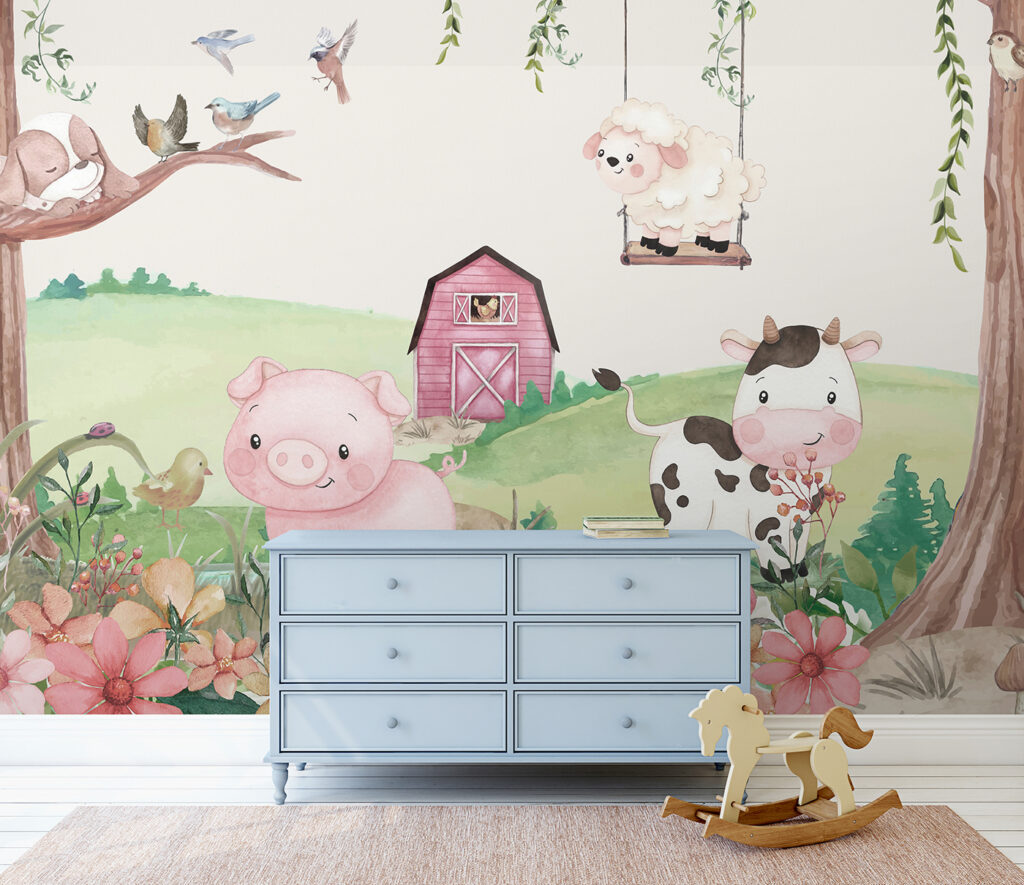 A watercolor painting of animals in a farm