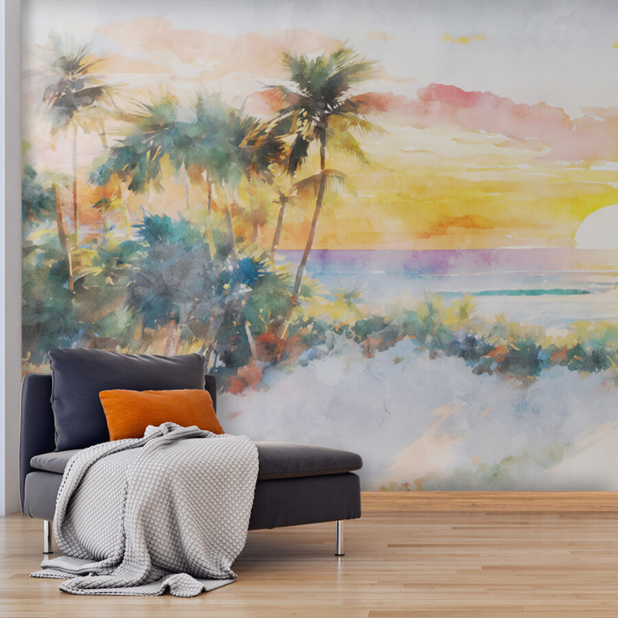 Pittura ad acquerello di una spiaggia con palme e tramonto