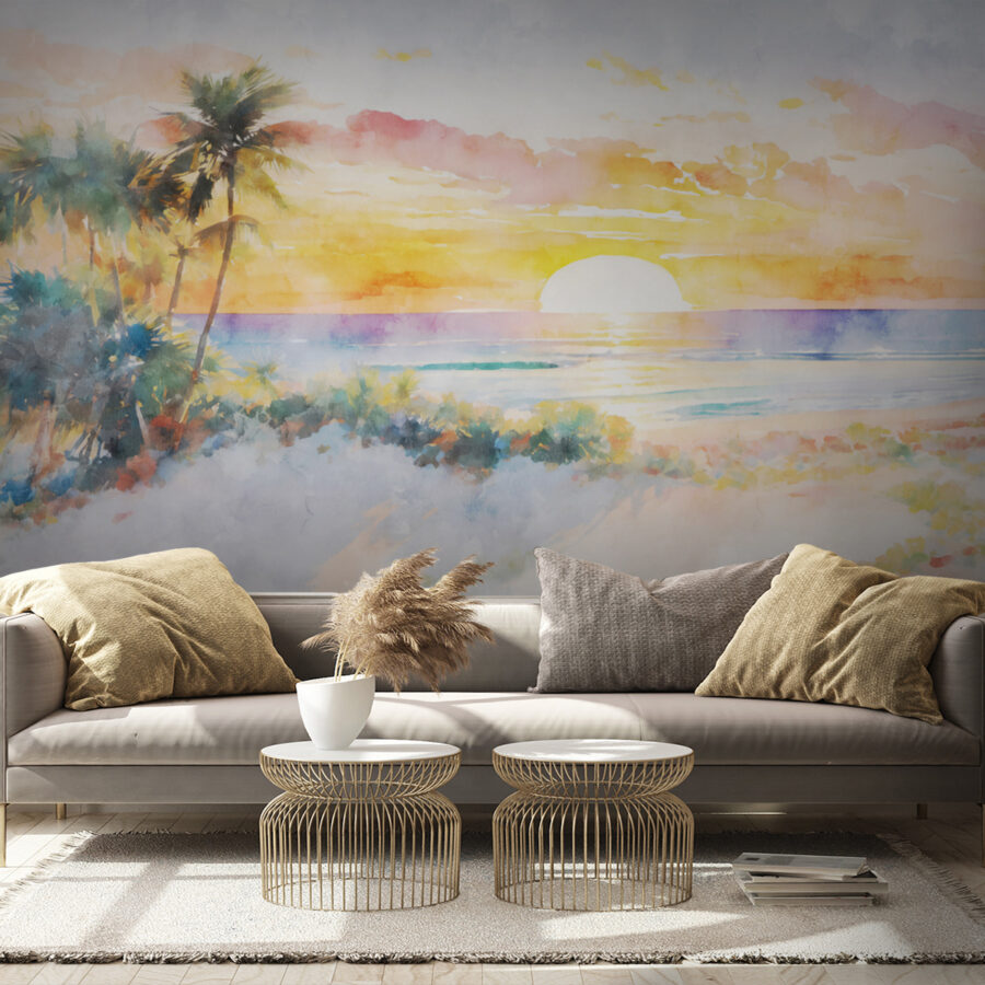 Pittura ad acquerello di una spiaggia con palme e tramonto