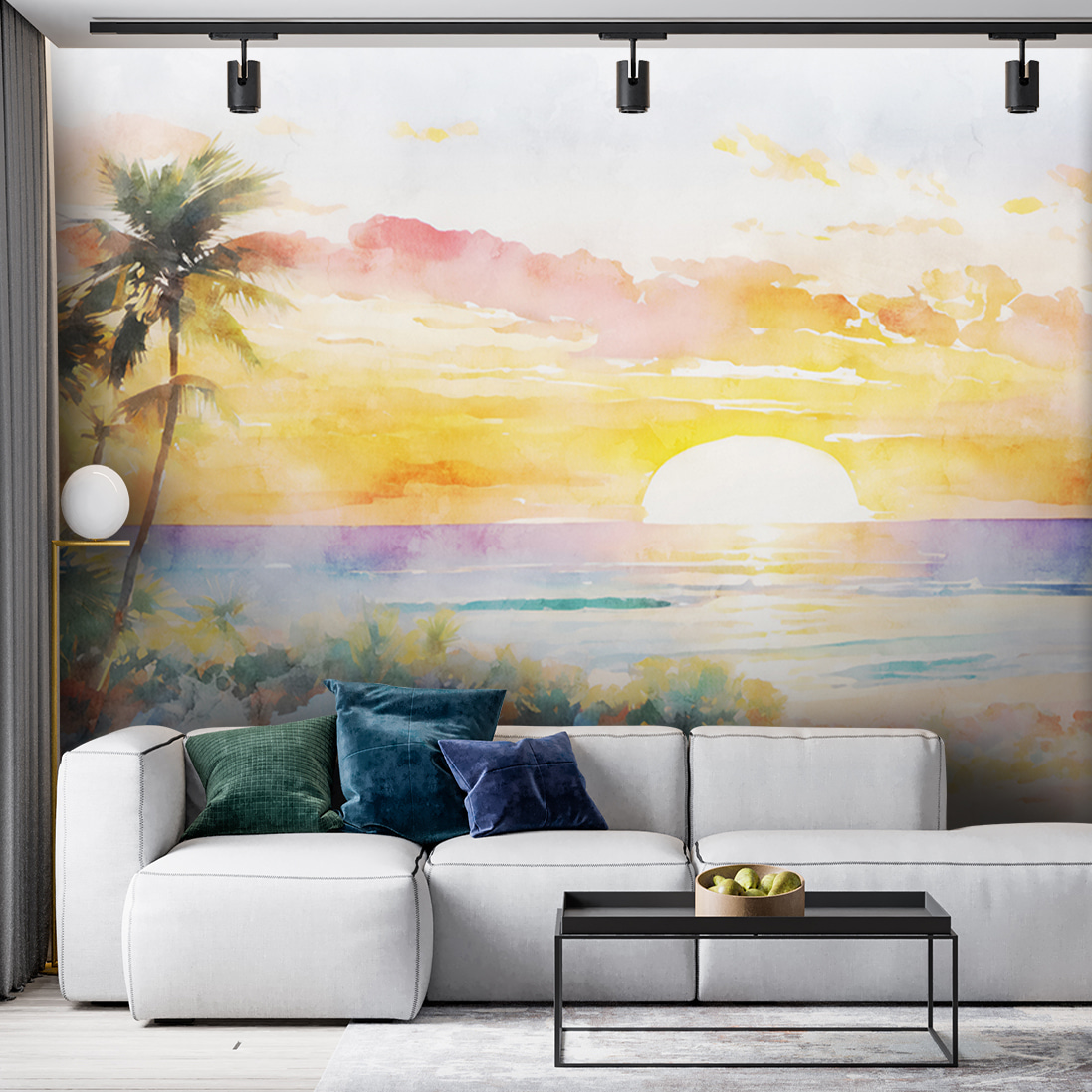 Watercolor painting of a beach with palm trees and a sunset Watercolor painting of a beach with palm trees and a sunset