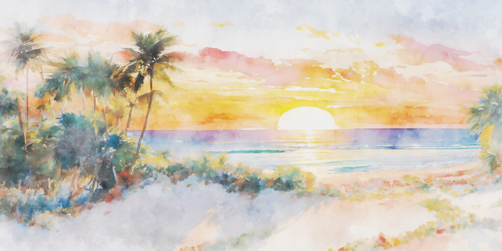 Pittura ad acquerello di una spiaggia con palme e tramonto Pittura ad acquerello di una spiaggia con palme e tramonto