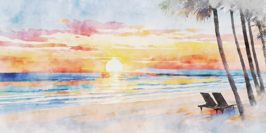 Acquerello di una spiaggia con tramonto Acquerello di una spiaggia con tramonto