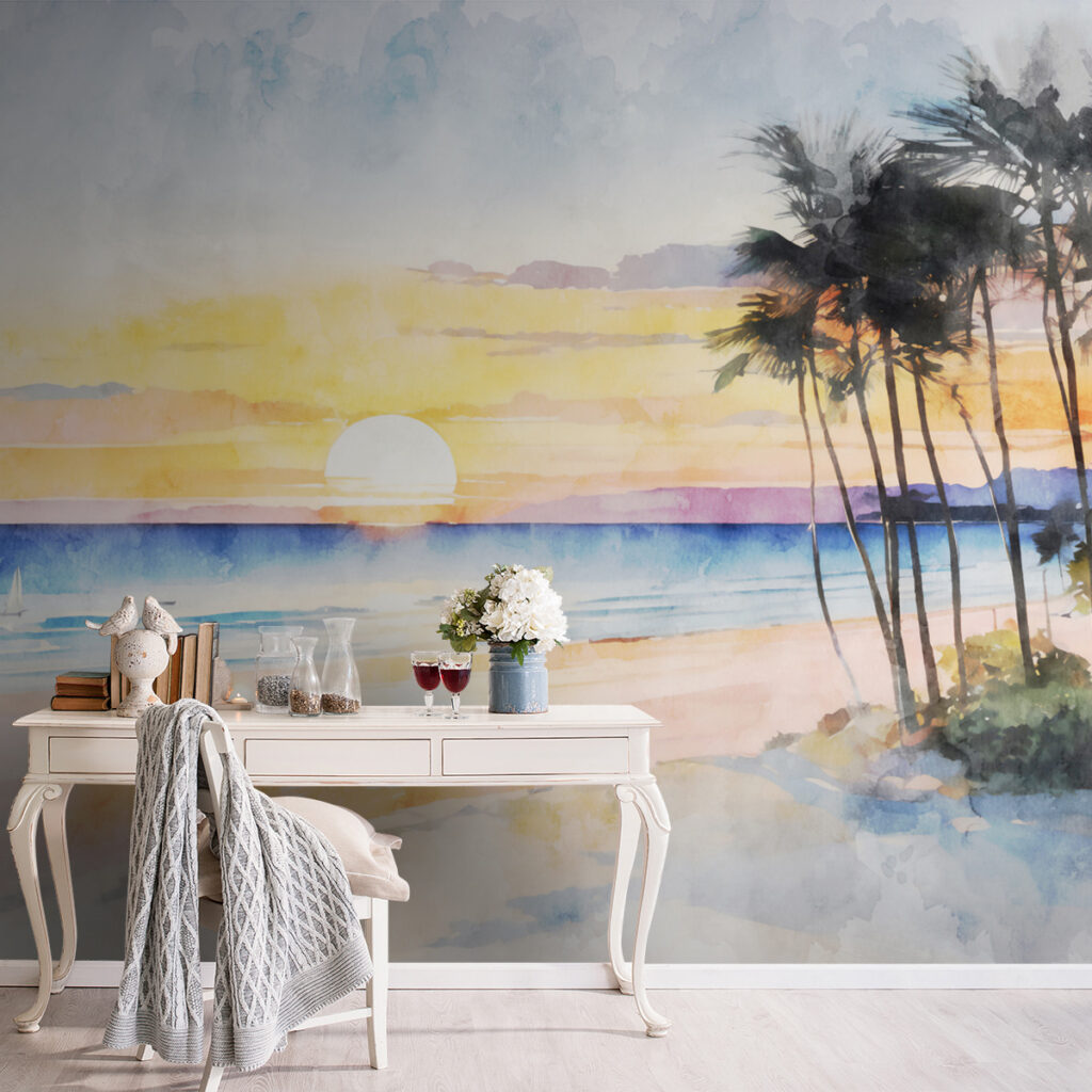 Watercolor of a beach with palm trees and a sunset Watercolor of a beach with palm trees and a sunset