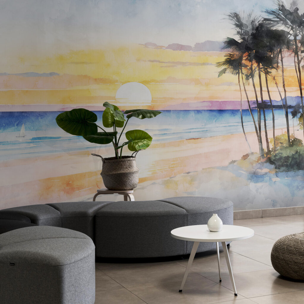 Watercolor of a beach with palm trees and a sunset Watercolor of a beach with palm trees and a sunset