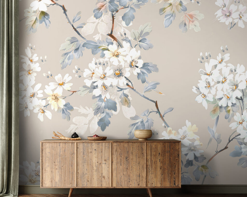 Floral pattern of white flowers and blue leaves