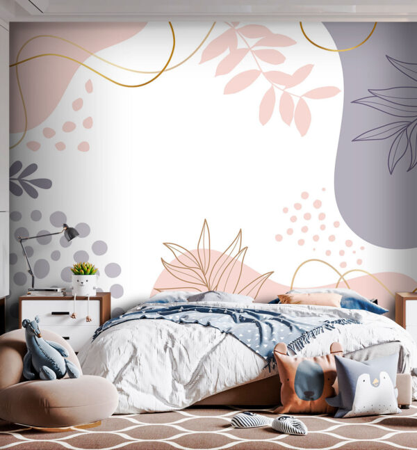 Sfondo bianco con forme e foglie rosa e blu e viola Sfondo bianco con forme e foglie rosa e blu e viola