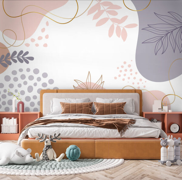 Sfondo bianco con forme e foglie rosa e blu e viola Sfondo bianco con forme e foglie rosa e blu e viola