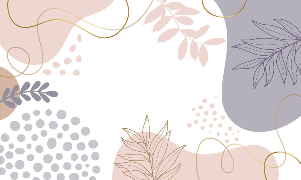 Sfondo bianco con forme e foglie rosa e blu e viola Sfondo bianco con forme e foglie rosa e blu e viola