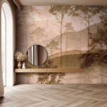 Carta da parati Paesaggio nebbioso con alberi e colline