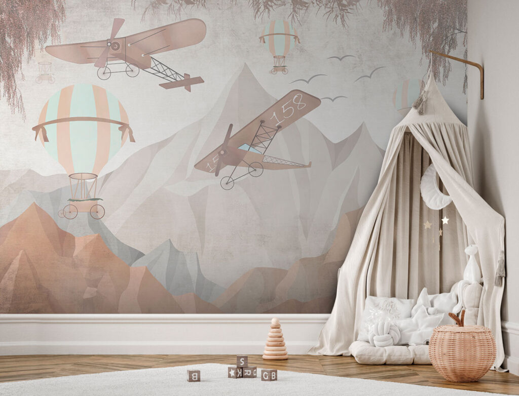 Painting of airplanes flying over mountains
