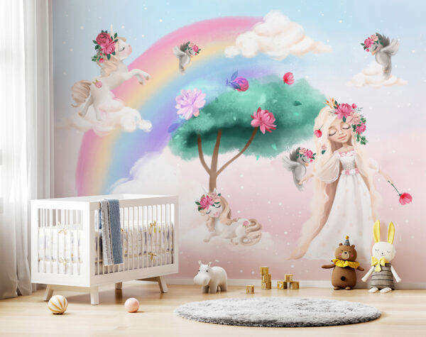 Cartone animato di una ragazza con fiori sui capelli e un arcobaleno Cartone animato di una ragazza con fiori sui capelli e un arcobaleno