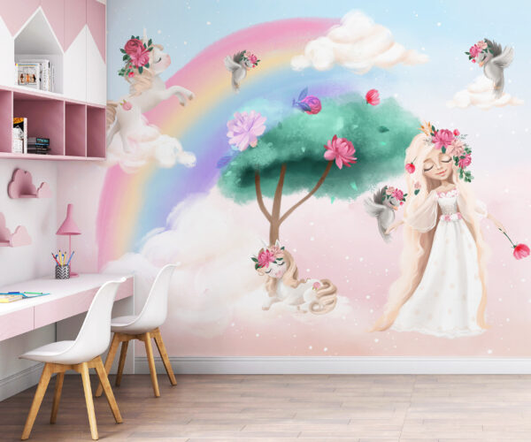 Cartone animato di una ragazza con fiori sui capelli e un arcobaleno Cartone animato di una ragazza con fiori sui capelli e un arcobaleno