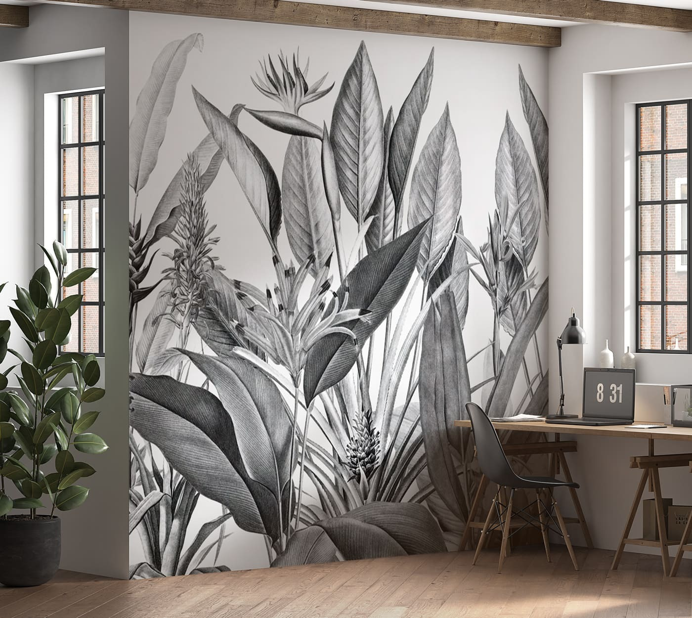 Tropical foliage in monochrome shades