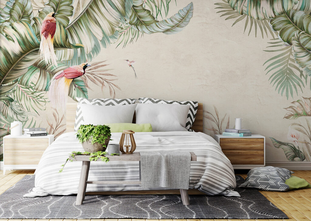 Tropical scene with vibrant birds