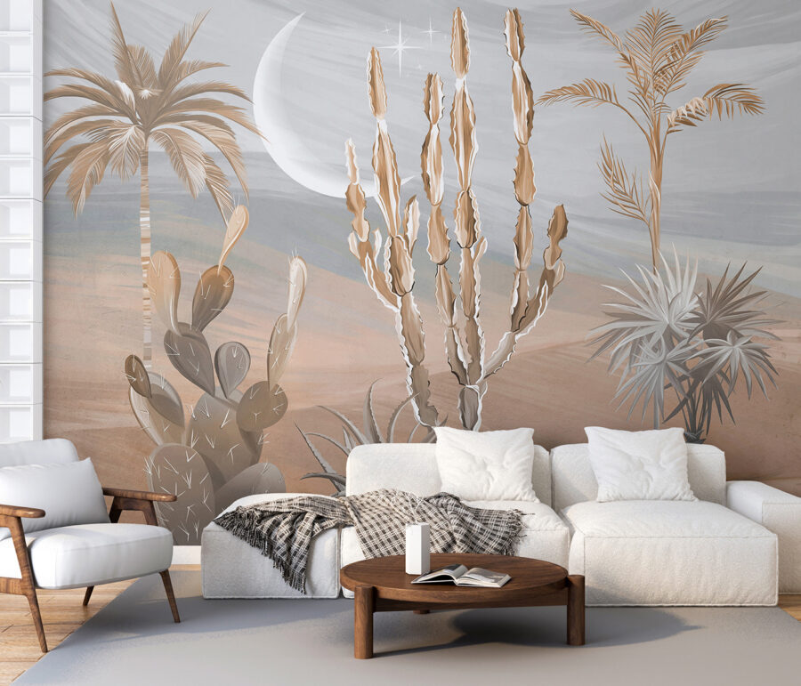 Paesaggio desertico con cactus e palme