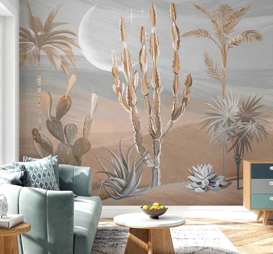 Paesaggio desertico con cactus e palme