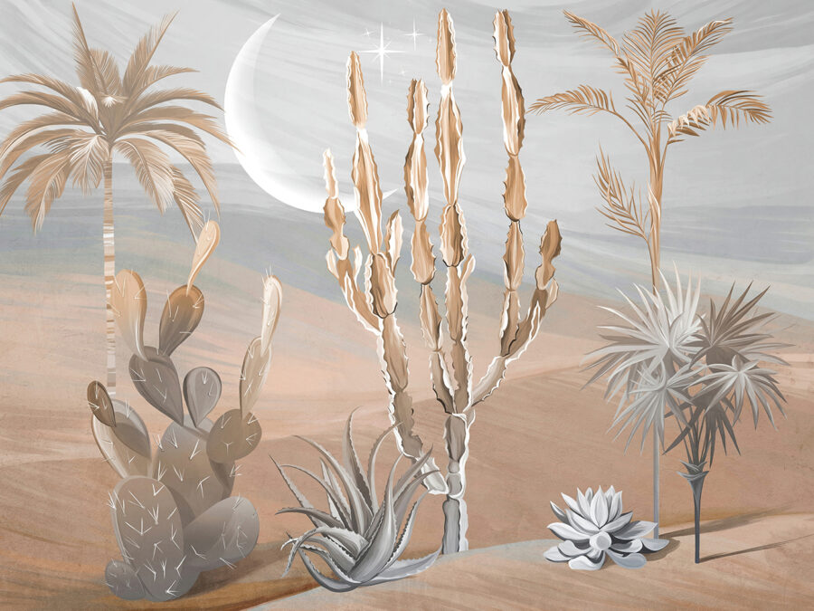 Paesaggio desertico con cactus e palme