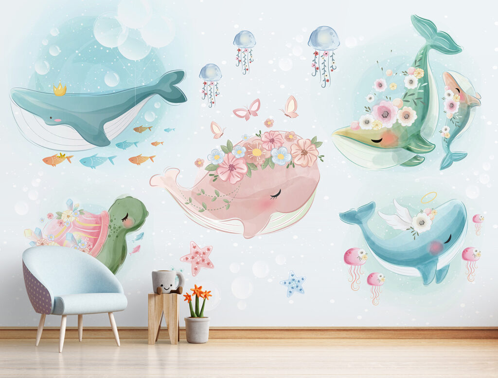 Group of cartoon whales