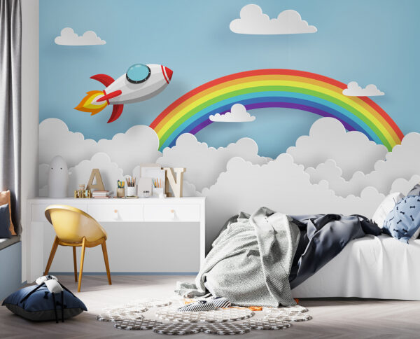 Razzo che vola nel cielo con nuvole e arcobaleno Razzo che vola nel cielo con nuvole e arcobaleno