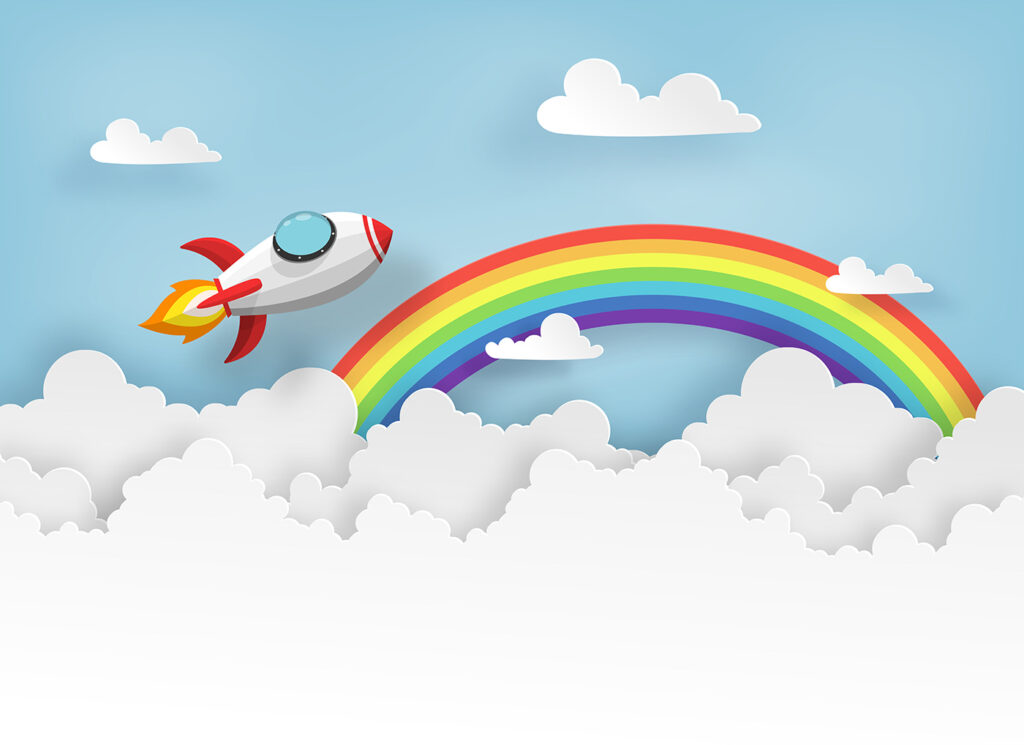 Razzo che vola nel cielo con nuvole e arcobaleno Razzo che vola nel cielo con nuvole e arcobaleno