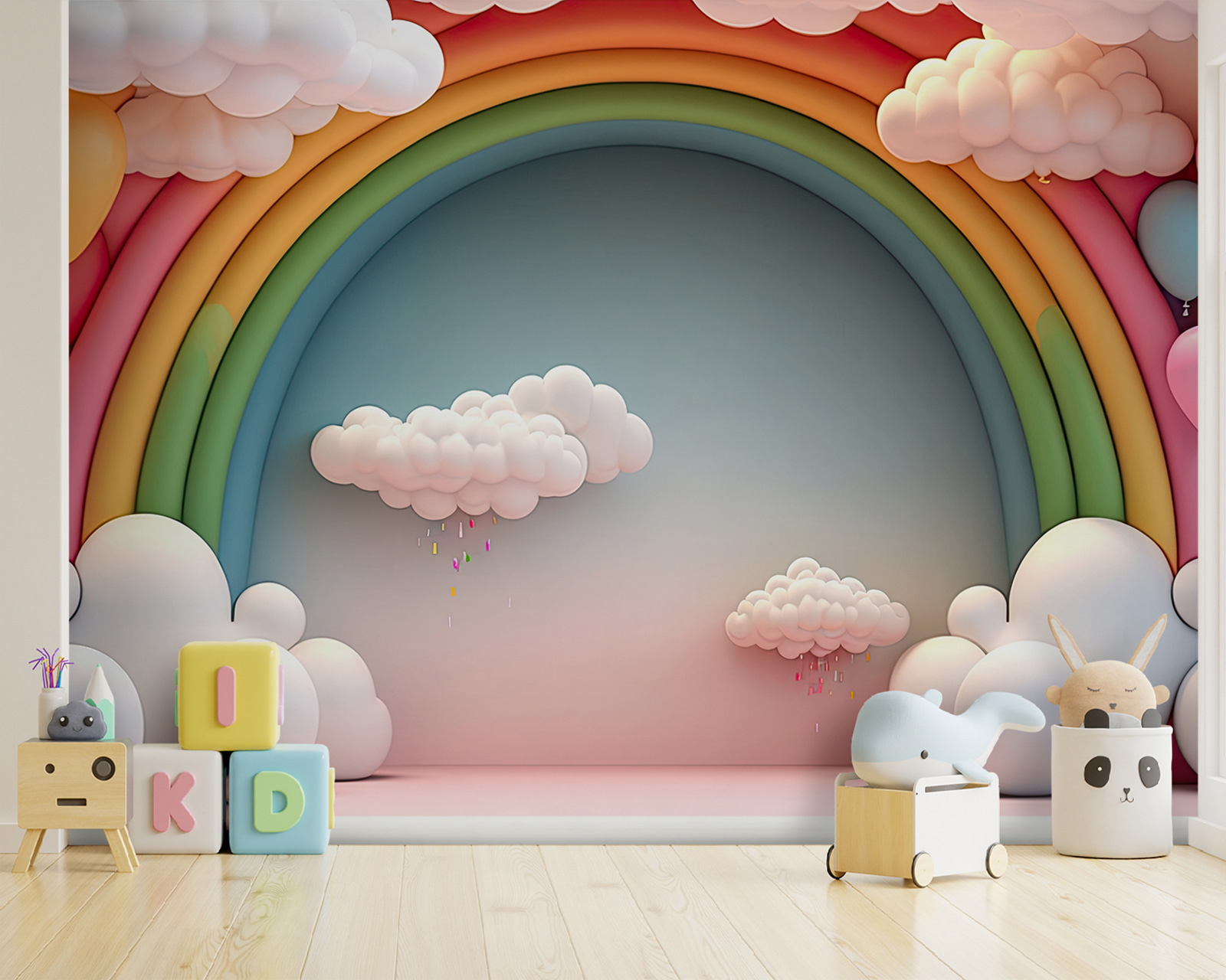 Rainbow and clouds in a room