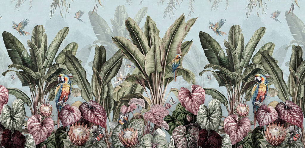 Carta da parati con piante e uccelli tropicali Carta da parati con piante e uccelli tropicali