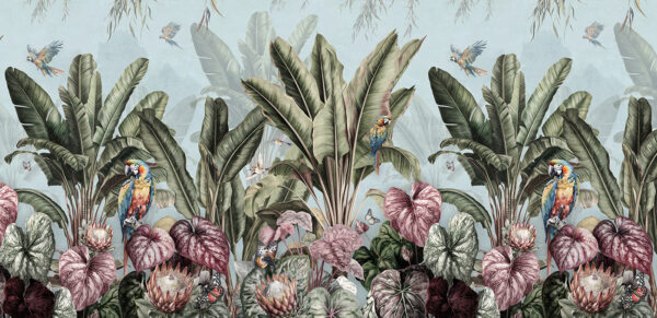 Carta da parati con piante e uccelli tropicali Carta da parati con piante e uccelli tropicali