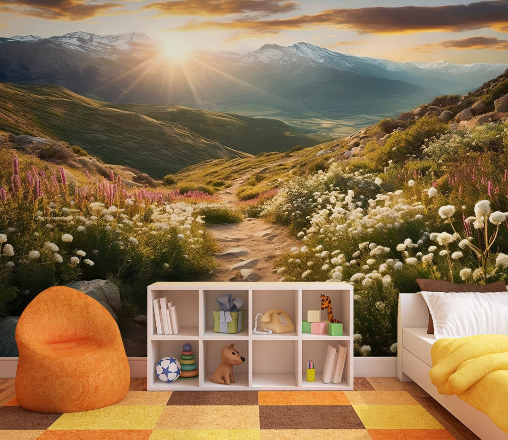 Path through a valley with flowers and mountains in the background Path through a valley with flowers and mountains in the background