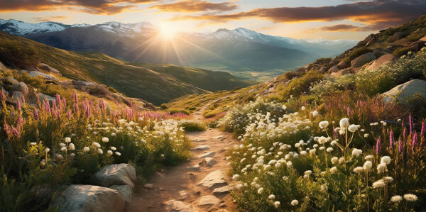 Sentiero attraverso una valle con fiori e montagne sullo sfondo Sentiero attraverso una valle con fiori e montagne sullo sfondo