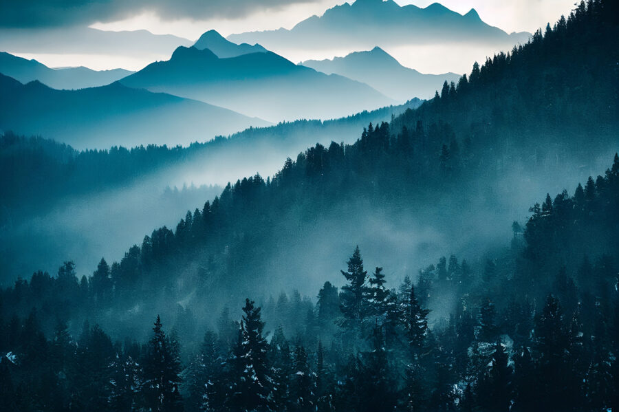 Catena montuosa con alberi e nebbia