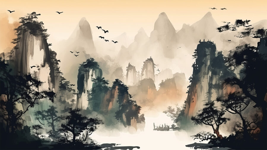 Pittura di montagne e alberi