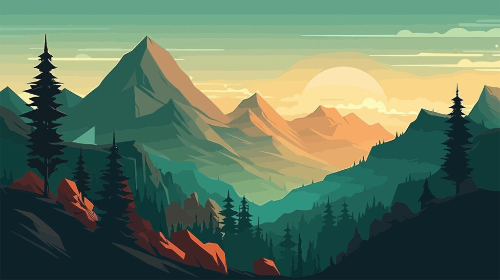 Un paesaggio di montagne e alberi Un paesaggio di montagne e alberi