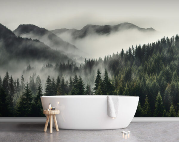 Foresta con nebbia e montagne Foresta con nebbia e montagne