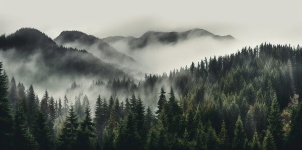 Foresta con nebbia e montagne Foresta con nebbia e montagne