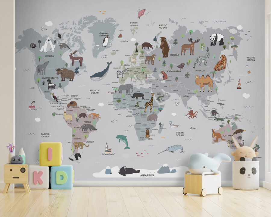 Mappa del mondo con animali Mappa del mondo con animali