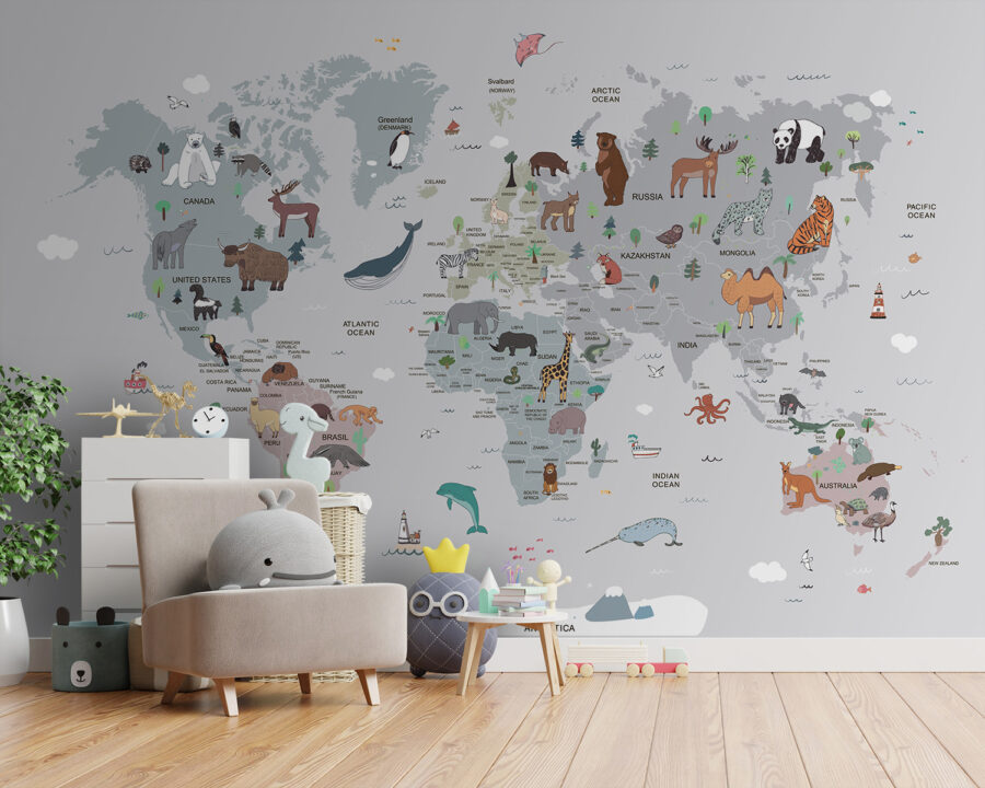 Mappa del mondo con animali Mappa del mondo con animali