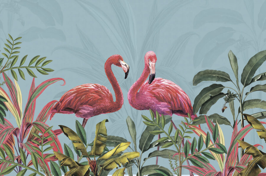 Due fenicotteri rosa e foglie verdi Due fenicotteri rosa e foglie verdi