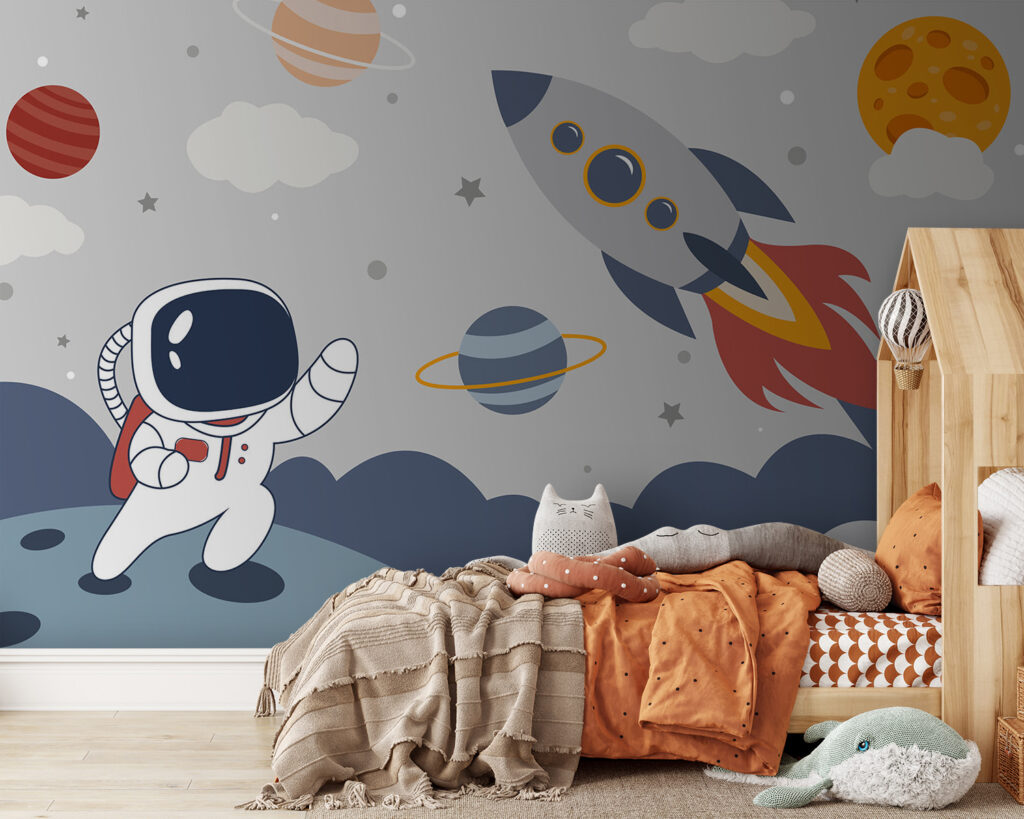 Cartoon an astronaut walking on a planet with a rocket in the sky
