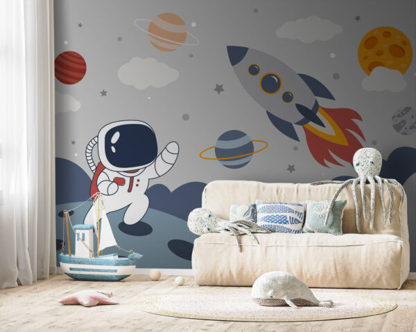 Cartone animato di un astronauta che cammina su un pianeta con un razzo nel cielo Cartone animato di un astronauta che cammina su un pianeta con un razzo nel cielo