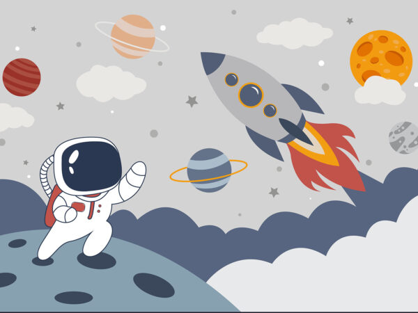 Cartone animato di un astronauta che cammina su un pianeta con un razzo nel cielo Cartone animato di un astronauta che cammina su un pianeta con un razzo nel cielo