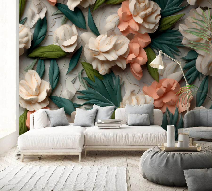 Carta da parati Fiori delicati con verde lussureggiante. - immagine 2