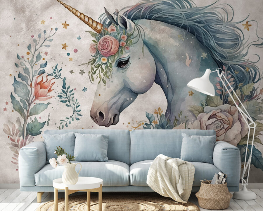Unicorno con fiori e foglie