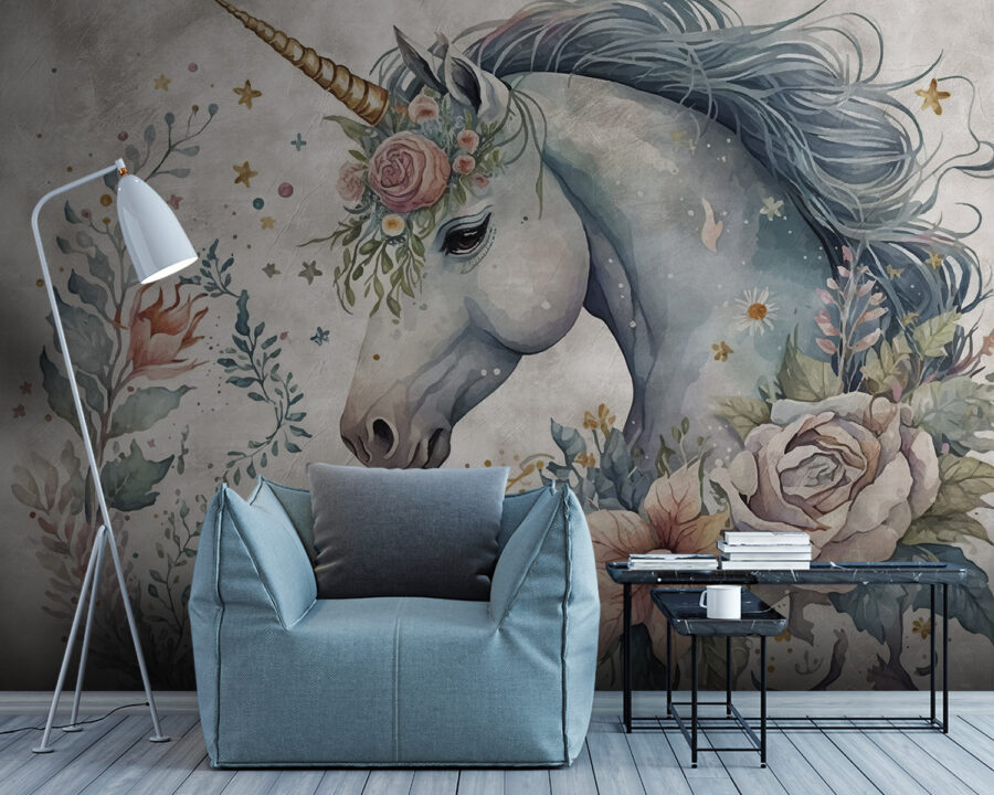 Unicorno con fiori e foglie