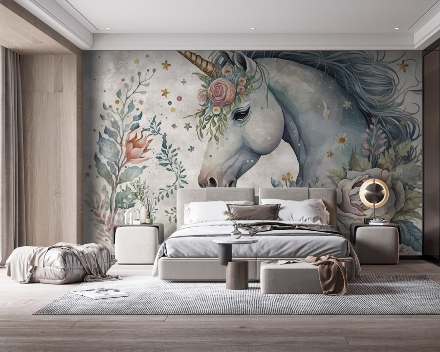 Unicorno con fiori e foglie