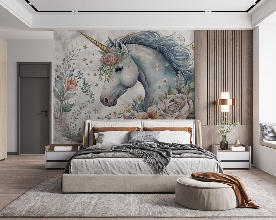 Unicorno con fiori e foglie