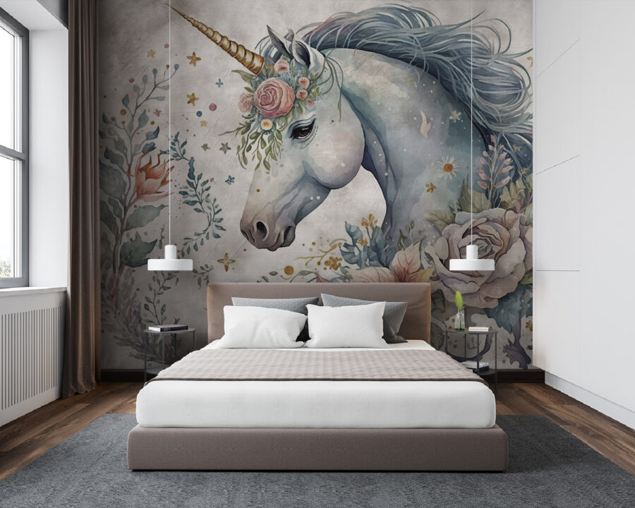 Unicorno con fiori e foglie