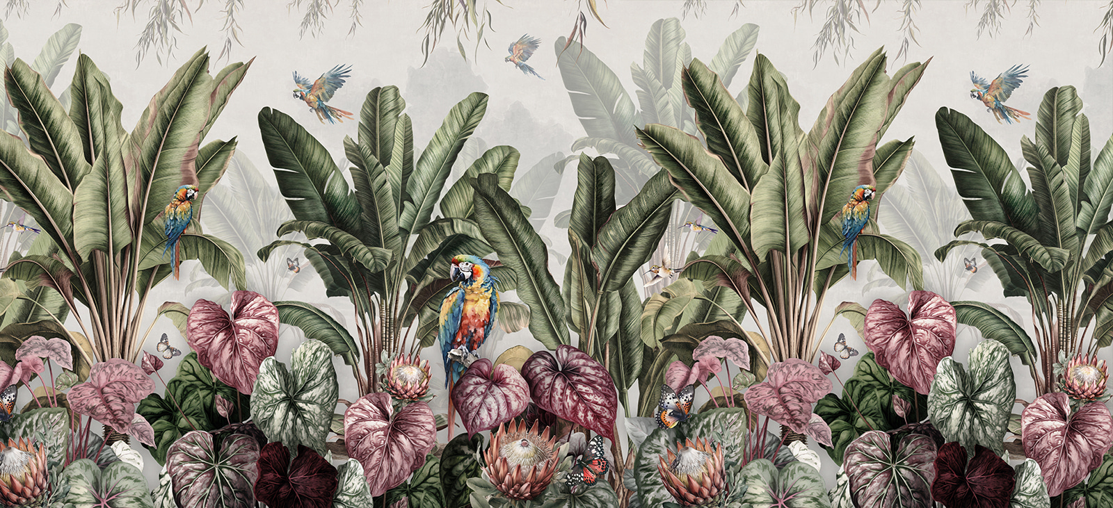 Wallpaper with tropical plants and birds Wallpaper with tropical plants and birds